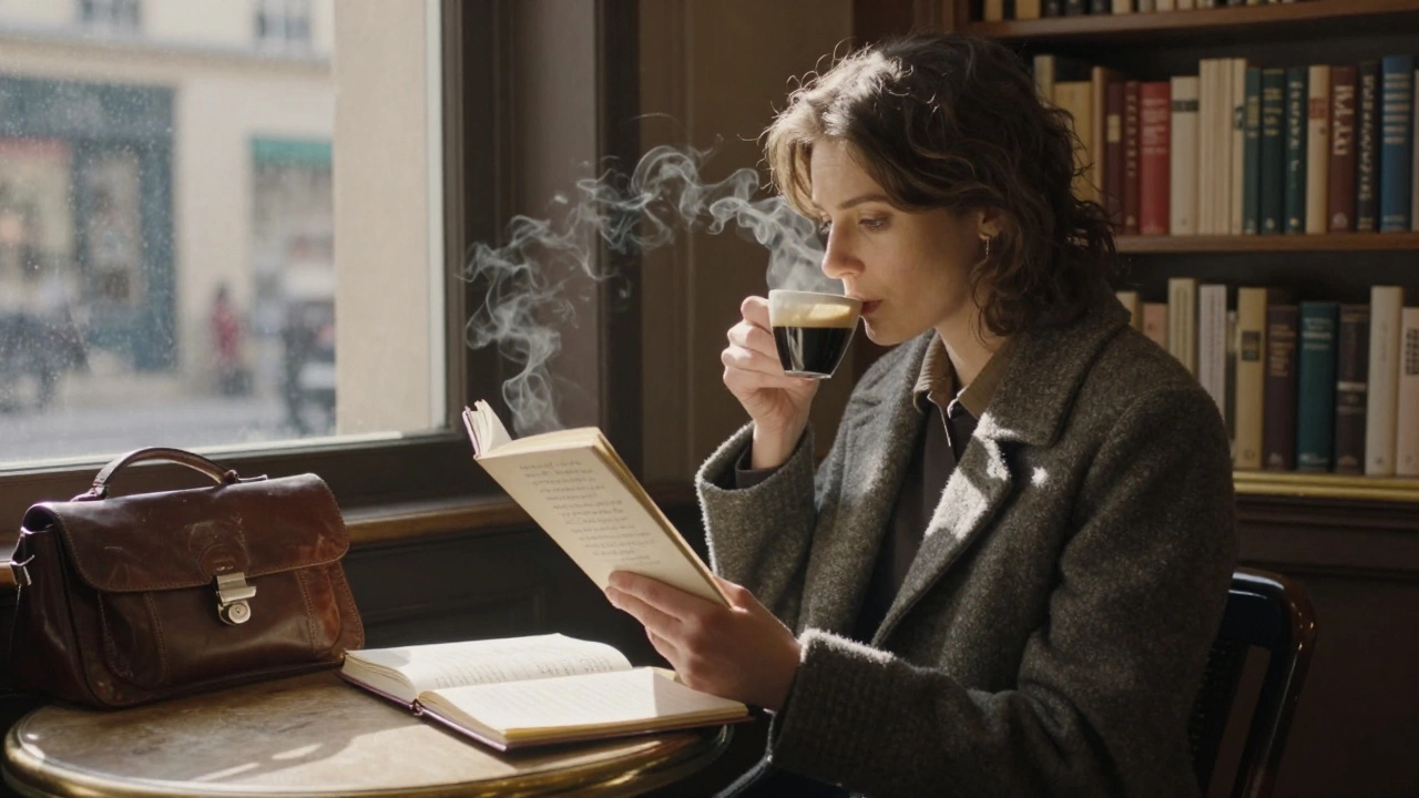 A woman reads poetry in a quiet Paris café at dawn, sunlight filtering through bookshelves as steam rises from her espresso cup.