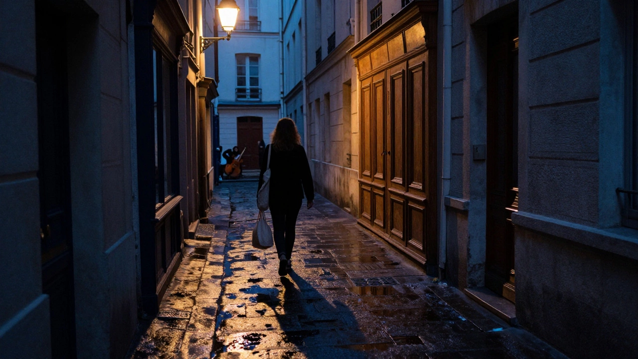 A woman walks alone down a misty Montmartre alley at night, her reflection shimmering in a puddle beside a closed bookshop.