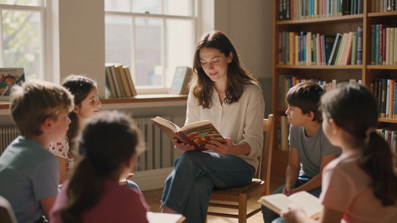 Tulsi reading a book to children in a library, sunlight streaming through windows behind her.