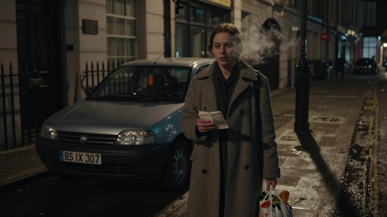Tulsi standing outside a London hotel at night, holding cash and groceries, wearing a thrifted coat.